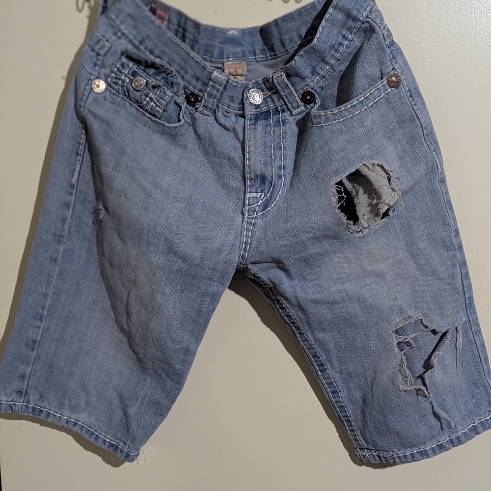 True Religion Light Blue Denim Shorts with Branded Button